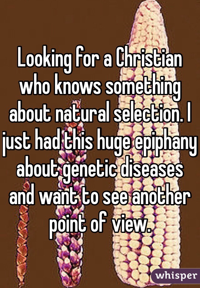 Looking for a Christian who knows something about natural selection. I just had this huge epiphany about genetic diseases and want to see another point of view. 