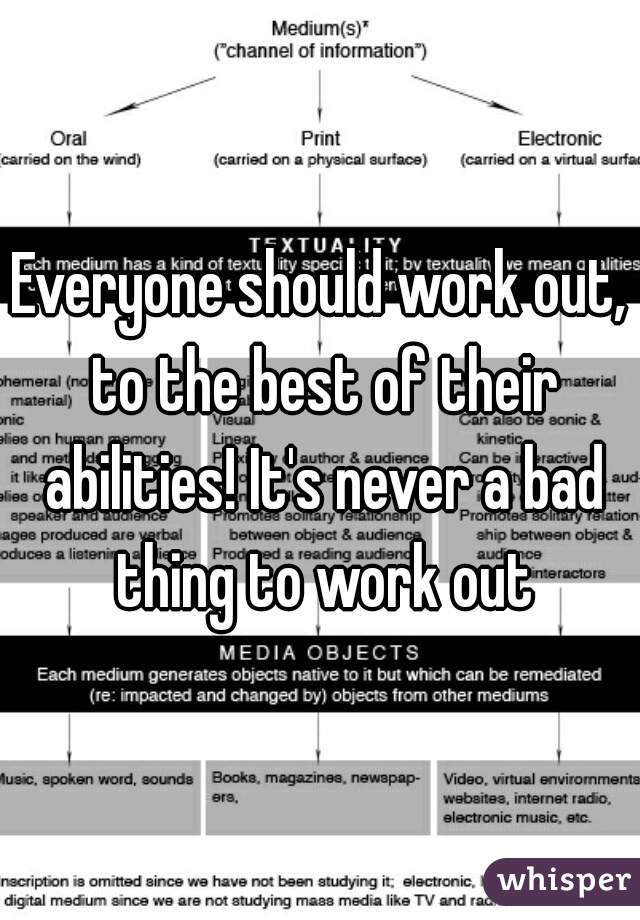 Everyone should work out, to the best of their abilities! It's never a bad thing to work out