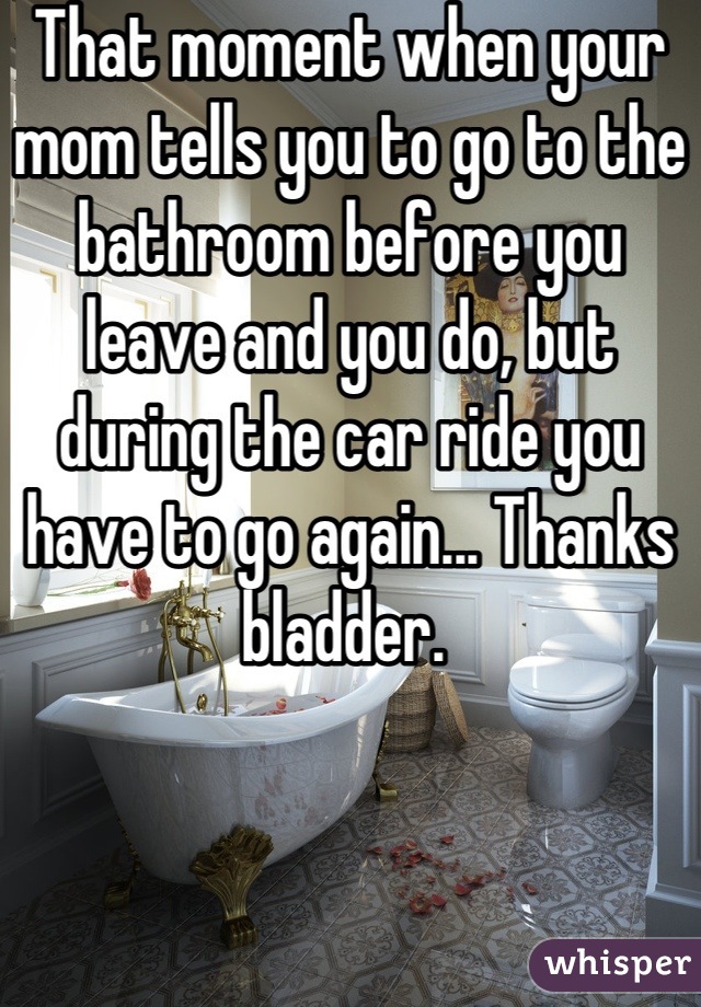That moment when your mom tells you to go to the bathroom before you leave and you do, but during the car ride you have to go again... Thanks bladder. 