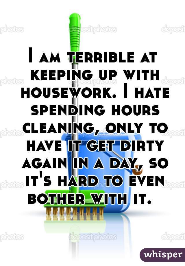 I am terrible at keeping up with housework. I hate spending hours cleaning, only to have it get dirty again in a day, so it's hard to even bother with it.  