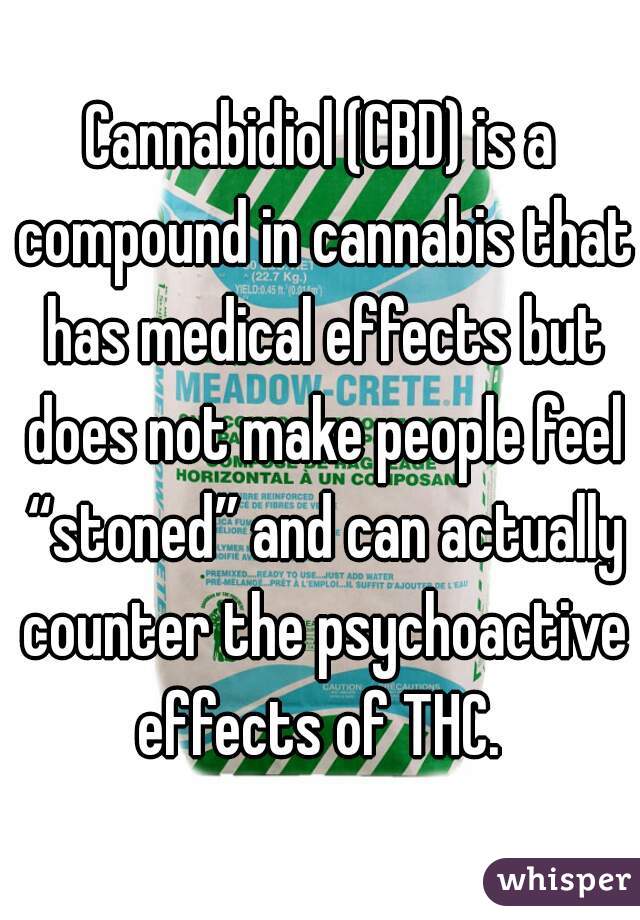 Cannabidiol (CBD) is a compound in cannabis that has medical effects but does not make people feel “stoned” and can actually counter the psychoactive effects of THC. 