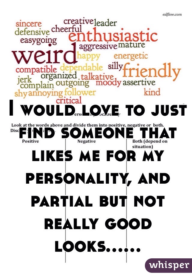 I would love to just find someone that likes me for my personality, and partial but not really good looks......