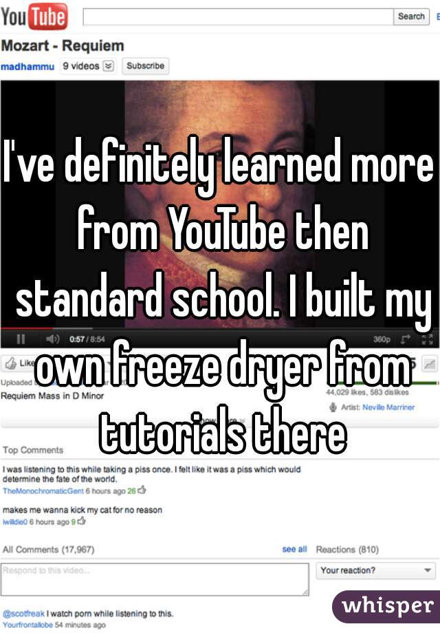 I've definitely learned more from YouTube then standard school. I built my own freeze dryer from tutorials there