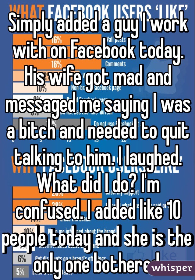 Simply added a guy I work with on Facebook today. His wife got mad and messaged me saying I was a bitch and needed to quit talking to him. I laughed. What did I do? I'm confused. I added like 10 people today and she is the only one bothered.