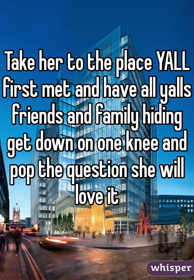 Take her to the place YALL first met and have all yalls friends and family hiding  get down on one knee and  pop the question she will love it 