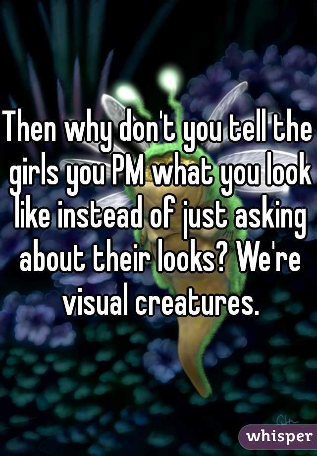 Then why don't you tell the girls you PM what you look like instead of just asking about their looks? We're visual creatures.