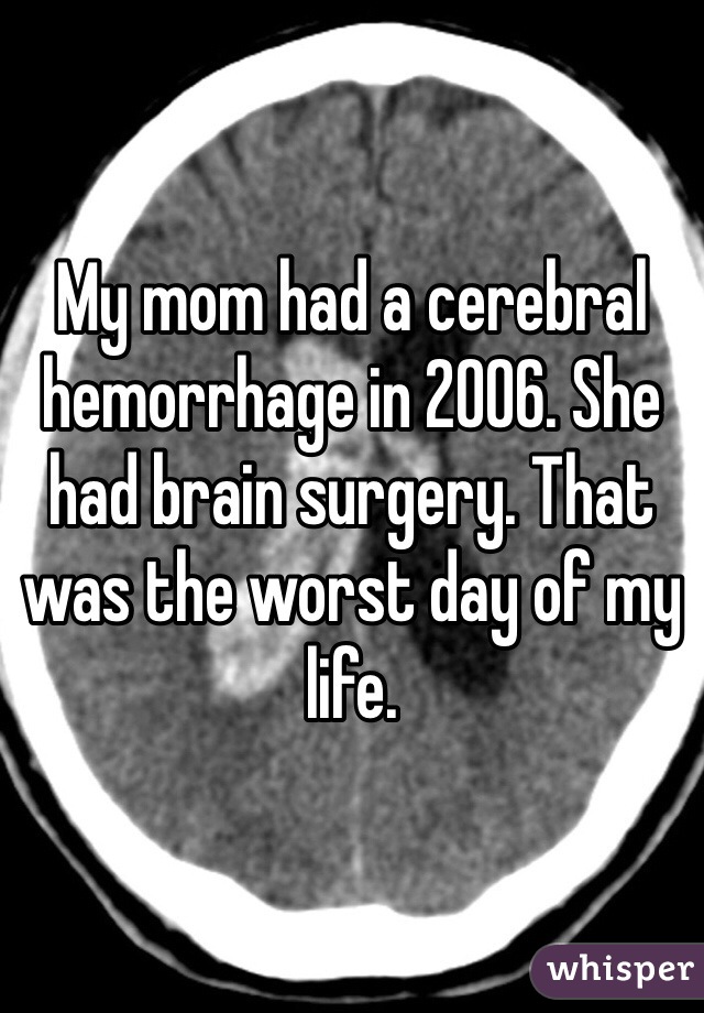 My mom had a cerebral hemorrhage in 2006. She had brain surgery. That was the worst day of my life.