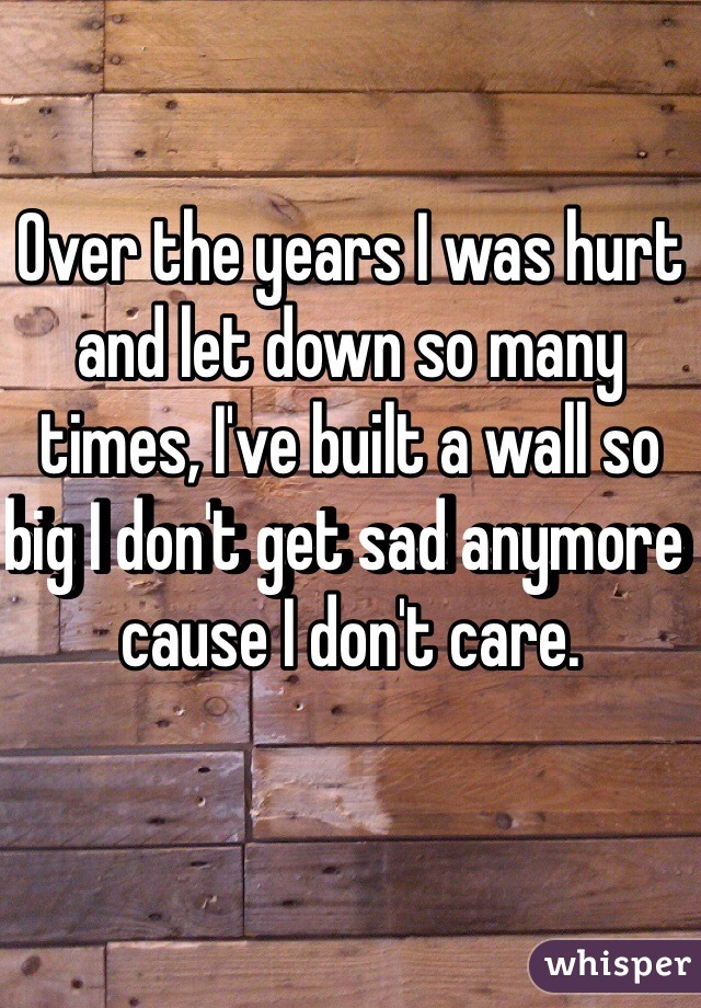 Over the years I was hurt and let down so many times, I've built a wall so big I don't get sad anymore cause I don't care.