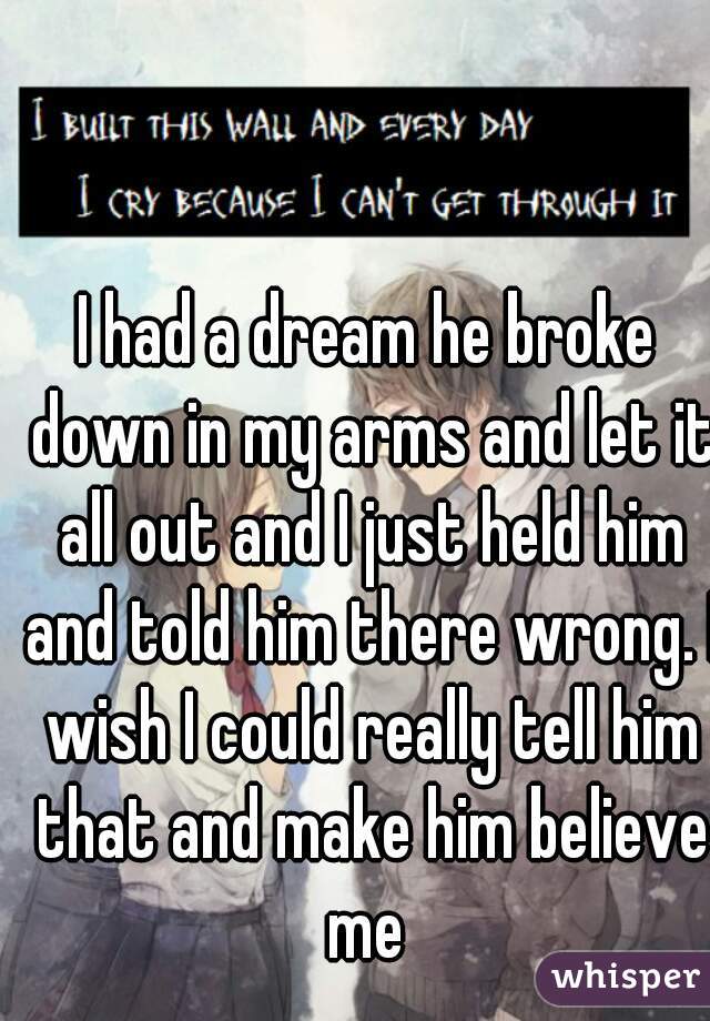 I had a dream he broke down in my arms and let it all out and I just held him and told him there wrong. I wish I could really tell him that and make him believe me 