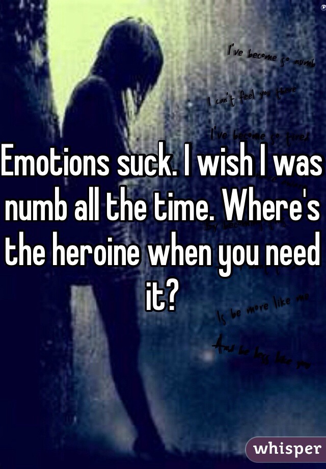 Emotions suck. I wish I was numb all the time. Where's the heroine when you need it?
