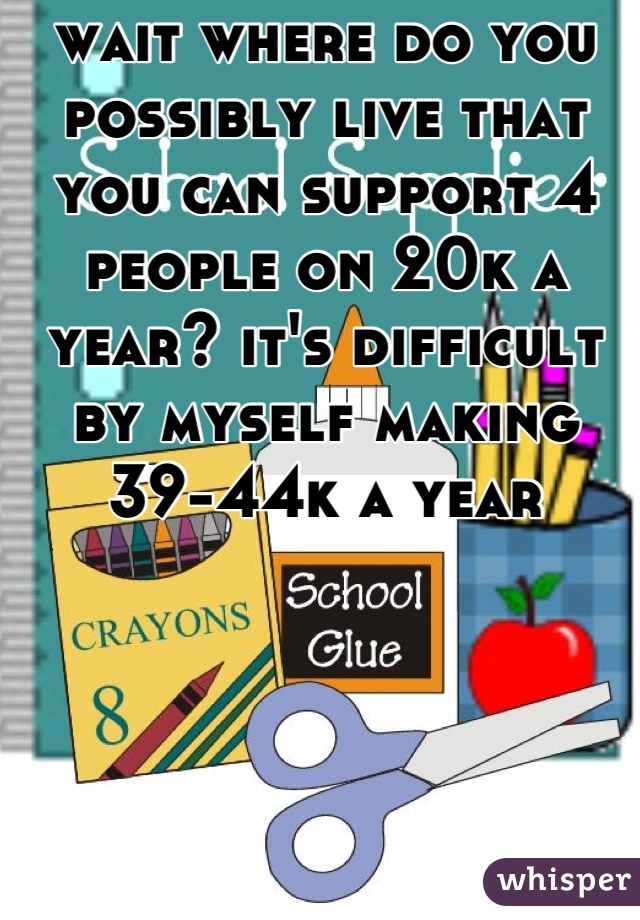 wait where do you possibly live that you can support 4 people on 20k a year? it's difficult by myself making 39-44k a year