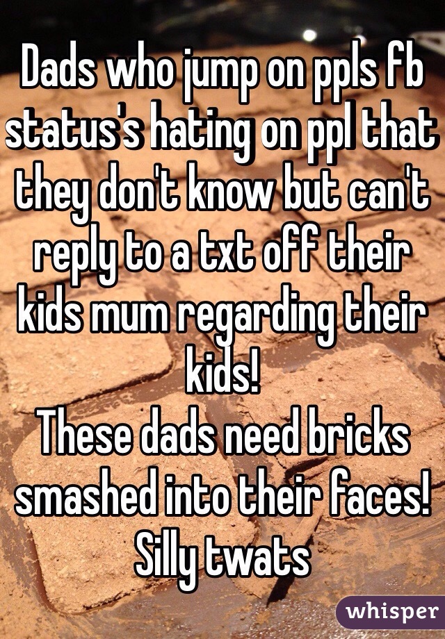 Dads who jump on ppls fb status's hating on ppl that they don't know but can't reply to a txt off their kids mum regarding their kids! 
These dads need bricks smashed into their faces! Silly twats