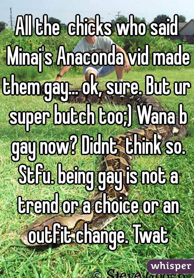 All the  chicks who said Minaj's Anaconda vid made them gay... ok, sure. But ur  super butch too;) Wana b gay now? Didnt  think so. Stfu. being gay is not a trend or a choice or an outfit change. Twat