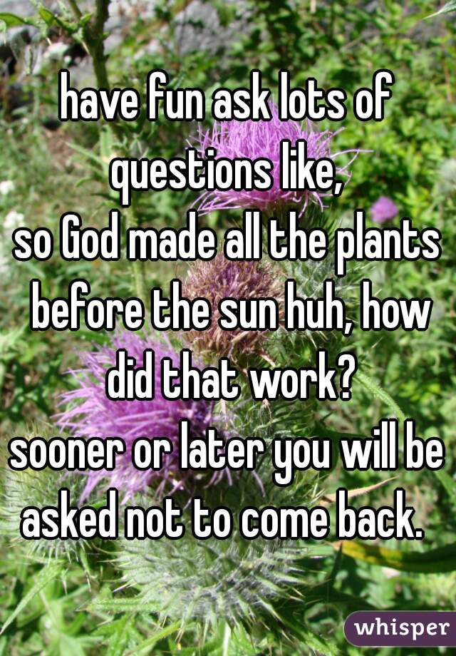 have fun ask lots of questions like, 
so God made all the plants before the sun huh, how did that work?
sooner or later you will be asked not to come back.  