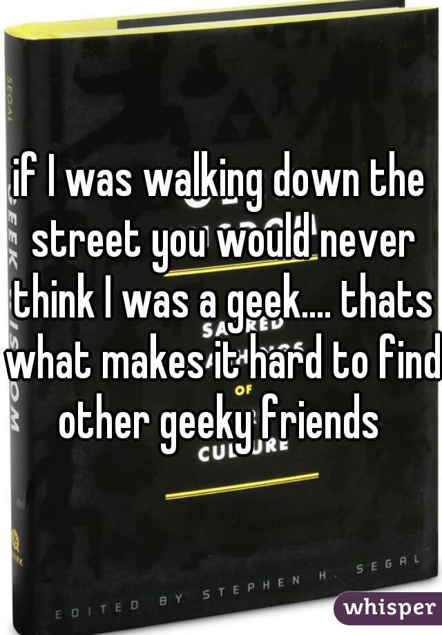 if I was walking down the street you would never think I was a geek.... thats what makes it hard to find other geeky friends 