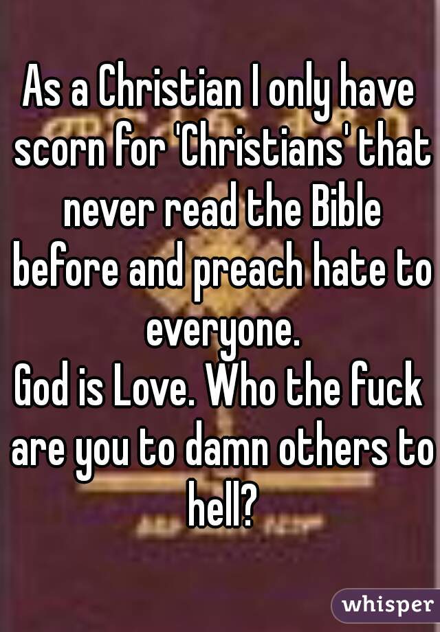 As a Christian I only have scorn for 'Christians' that never read the Bible before and preach hate to everyone.
God is Love. Who the fuck are you to damn others to hell?