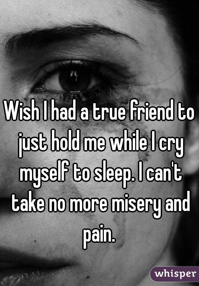 Wish I had a true friend to just hold me while I cry myself to sleep. I can't take no more misery and pain. 
