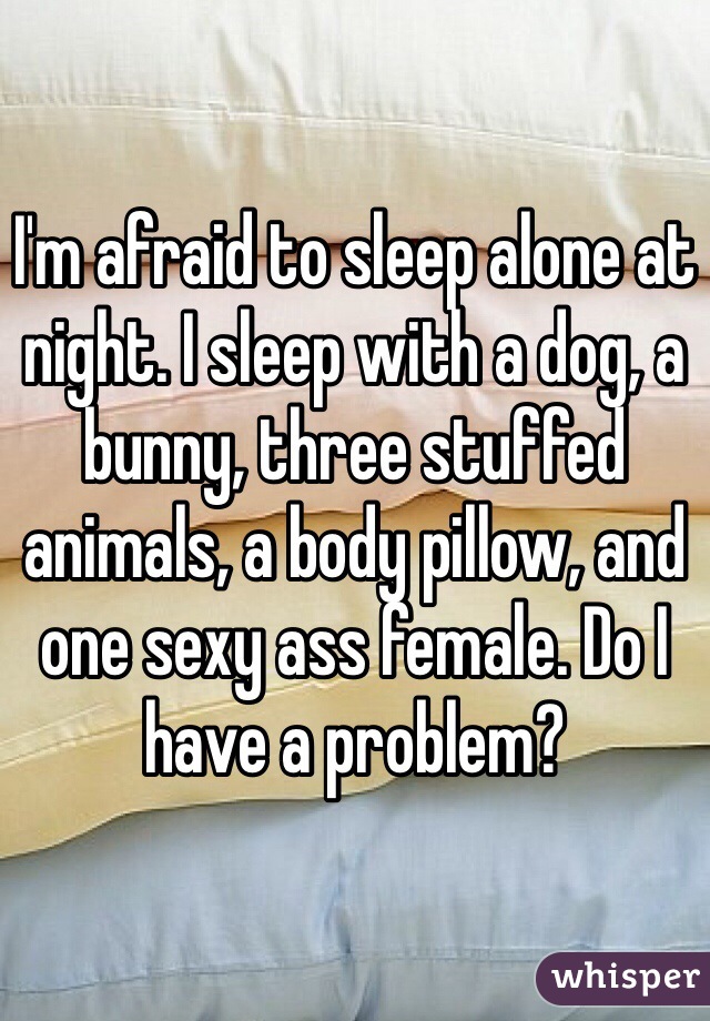 I'm afraid to sleep alone at night. I sleep with a dog, a bunny, three stuffed animals, a body pillow, and one sexy ass female. Do I have a problem?