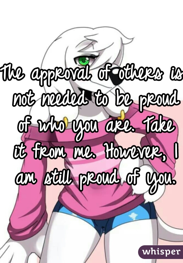 The approval of others is not needed to be proud of who you are. Take it from me. However, I am still proud of you.