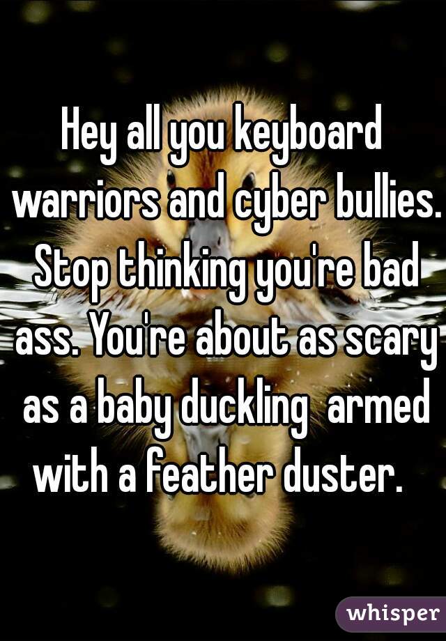 Hey all you keyboard warriors and cyber bullies. Stop thinking you're bad ass. You're about as scary as a baby duckling  armed with a feather duster.  