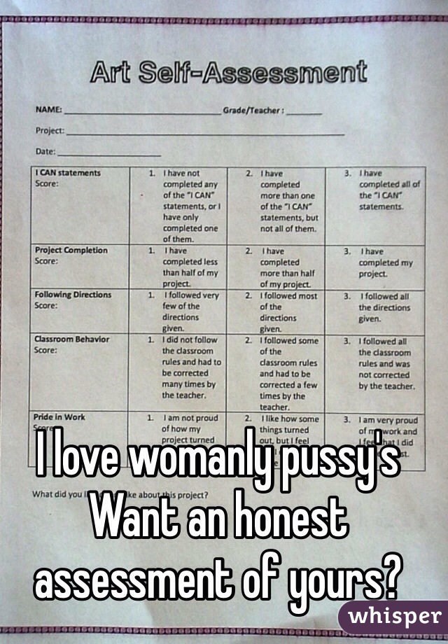 I love womanly pussy's
Want an honest assessment of yours?