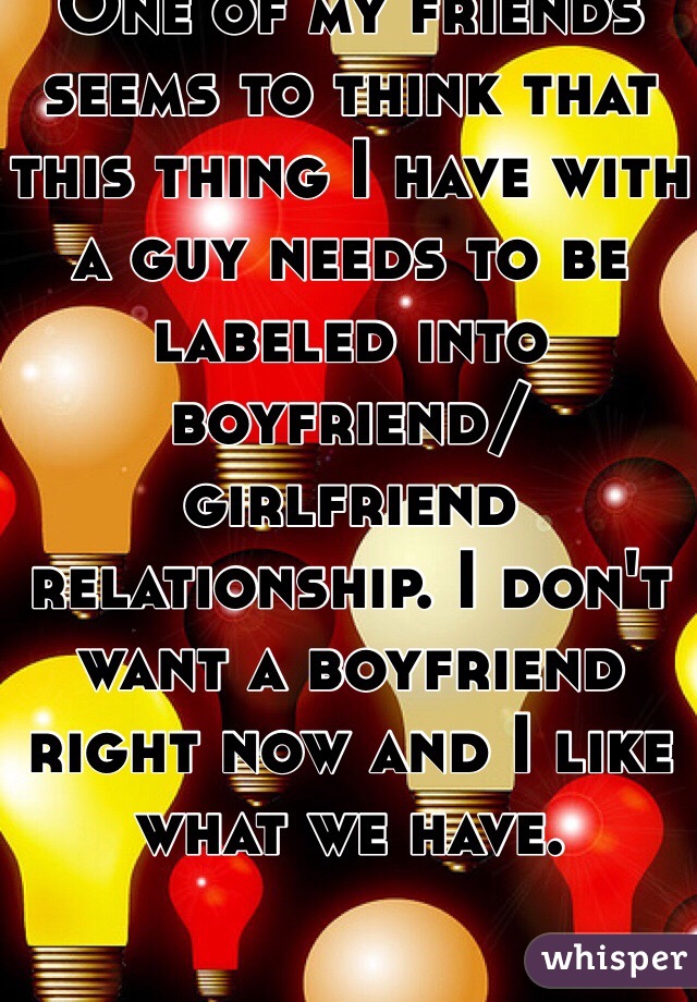 One of my friends seems to think that this thing I have with a guy needs to be labeled into boyfriend/girlfriend relationship. I don't want a boyfriend right now and I like what we have. 