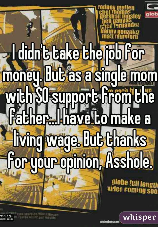 I didn't take the job for money. But as a single mom with $0 support from the father...I have to make a living wage. But thanks for your opinion, Asshole.