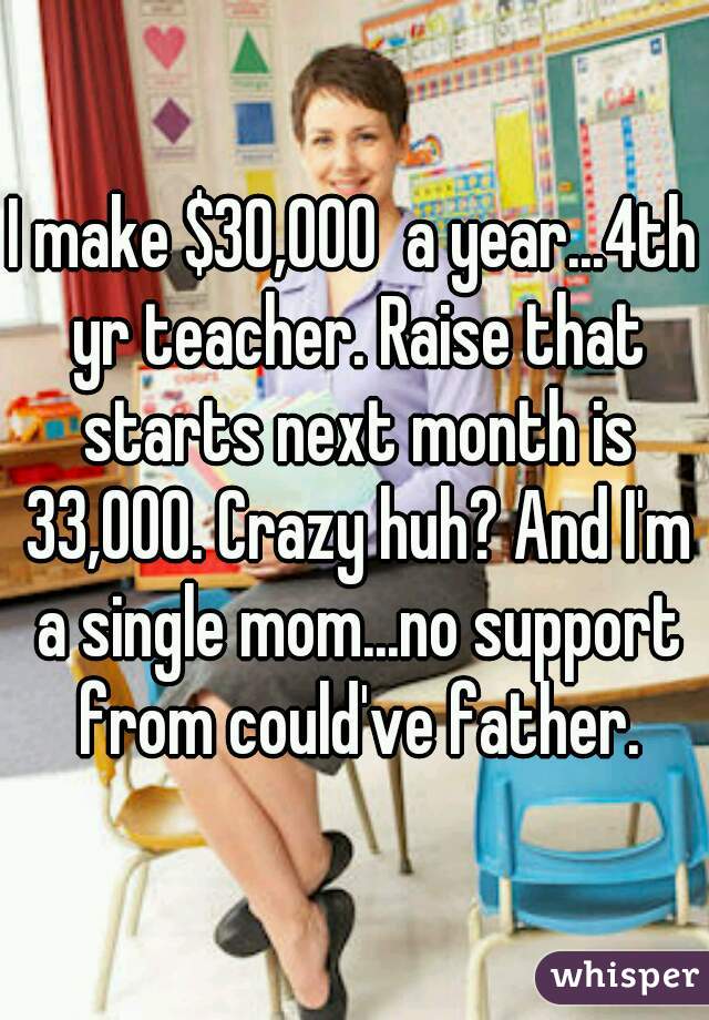 I make $30,000  a year...4th yr teacher. Raise that starts next month is 33,000. Crazy huh? And I'm a single mom...no support from could've father.