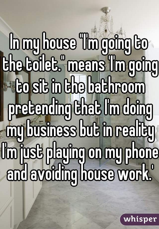 In my house "I'm going to the toilet." means 'I'm going to sit in the bathroom pretending that I'm doing my business but in reality I'm just playing on my phone and avoiding house work.'