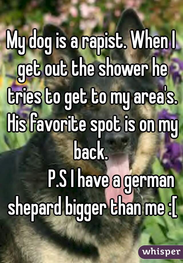 My dog is a rapist. When I get out the shower he tries to get to my area's. His favorite spot is on my back. 
           P.S I have a german shepard bigger than me :[
