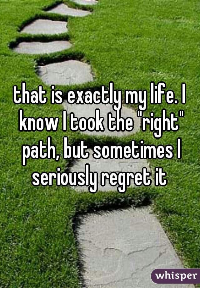 that is exactly my life. I know I took the "right" path, but sometimes I seriously regret it 