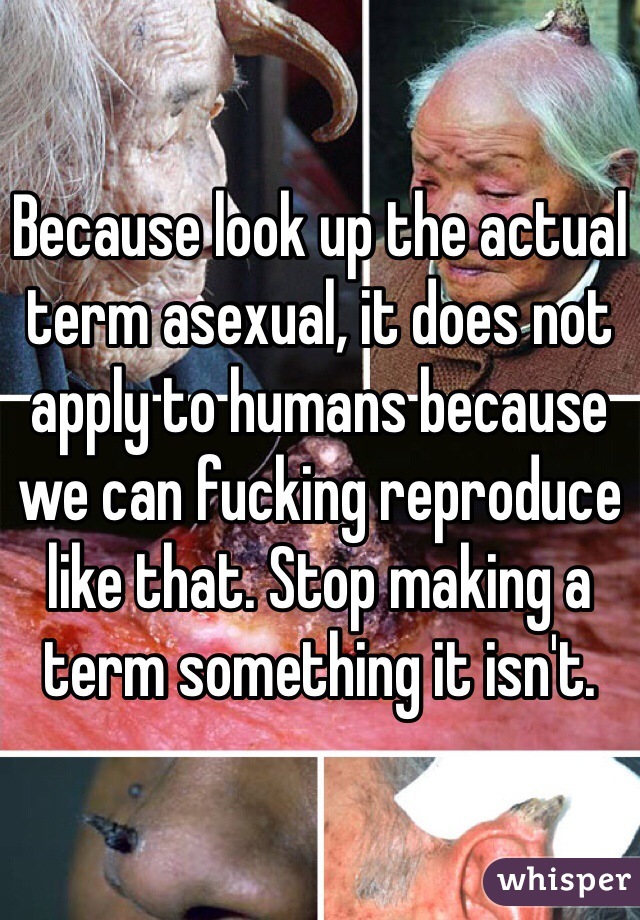 Because look up the actual term asexual, it does not apply to humans because we can fucking reproduce like that. Stop making a term something it isn't. 