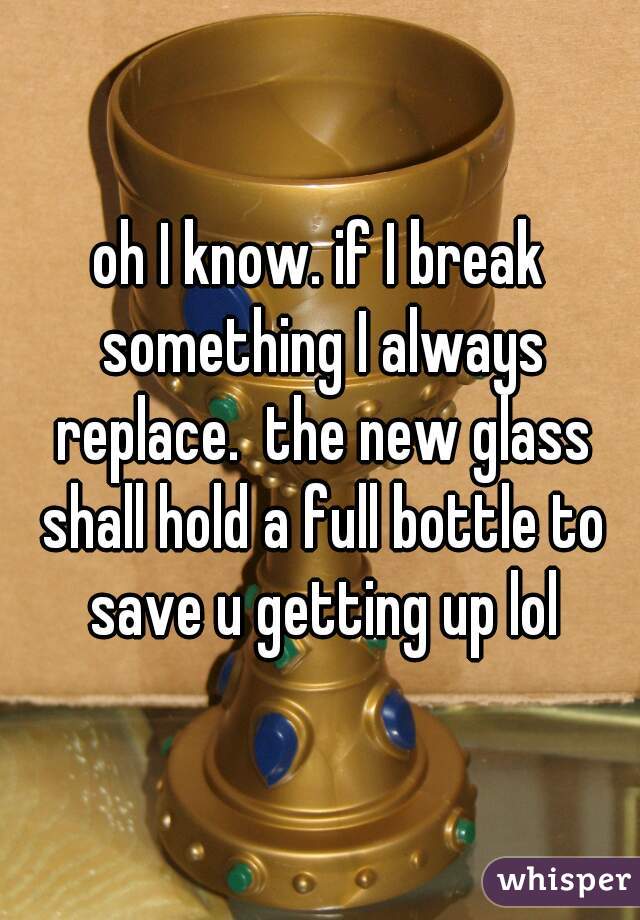 oh I know. if I break something I always replace.  the new glass shall hold a full bottle to save u getting up lol