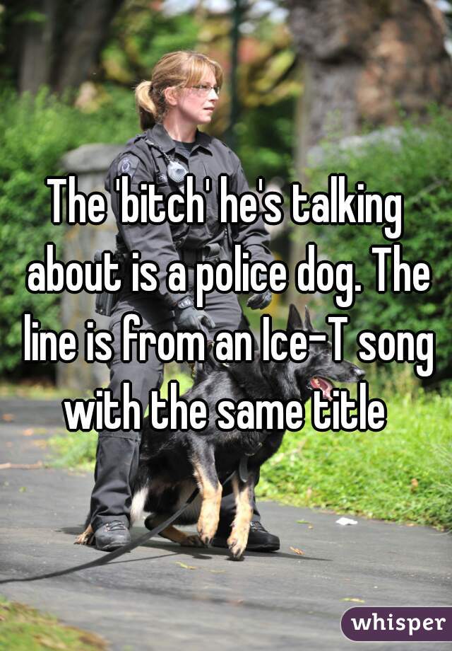 The 'bitch' he's talking about is a police dog. The line is from an Ice-T song with the same title 