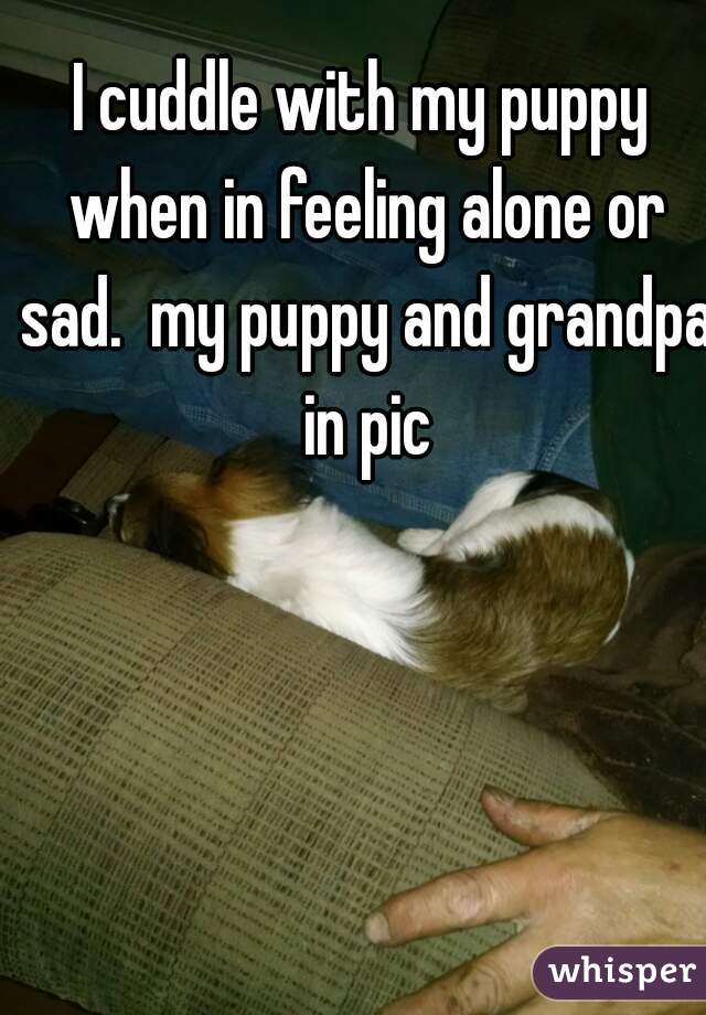 I cuddle with my puppy when in feeling alone or sad.  my puppy and grandpa in pic