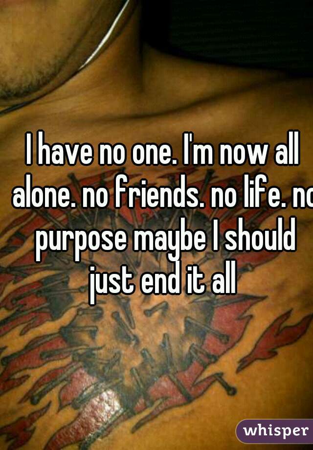 I have no one. I'm now all alone. no friends. no life. no purpose maybe I should just end it all 