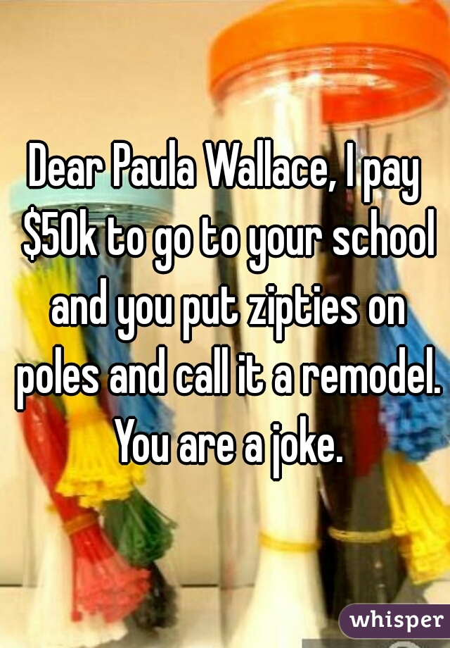 Dear Paula Wallace, I pay $50k to go to your school and you put zipties on poles and call it a remodel. You are a joke.