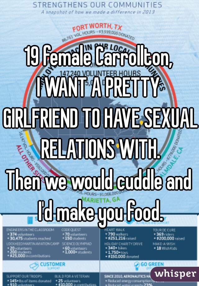 19 female Carrollton,
I WANT A PRETTY GIRLFRIEND TO HAVE SEXUAL RELATIONS WITH.
Then we would cuddle and I'd make you food.