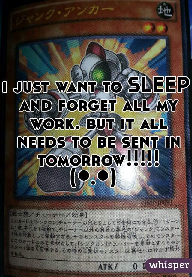 i just want to SLEEP and forget all my work. but it all needs to be sent in tomorrow!!!!!
(●.●) 
