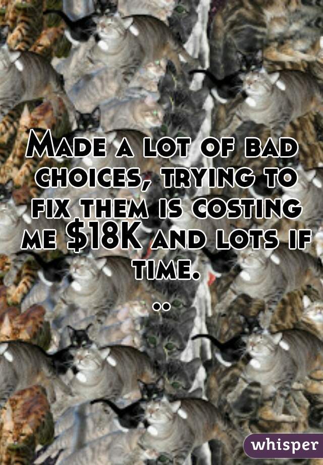Made a lot of bad choices, trying to fix them is costing me $18K and lots if time...