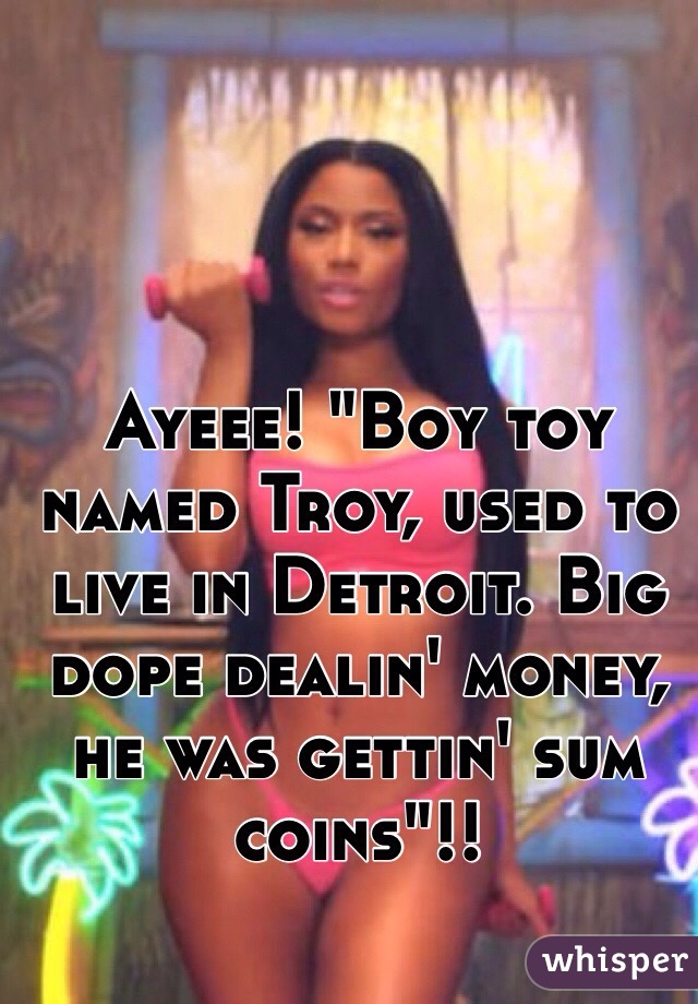 Ayeee! "Boy toy named Troy, used to live in Detroit. Big dope dealin' money, he was gettin' sum coins"!!