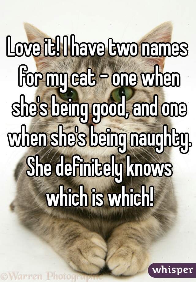 Love it! I have two names for my cat - one when she's being good, and one when she's being naughty. She definitely knows which is which!