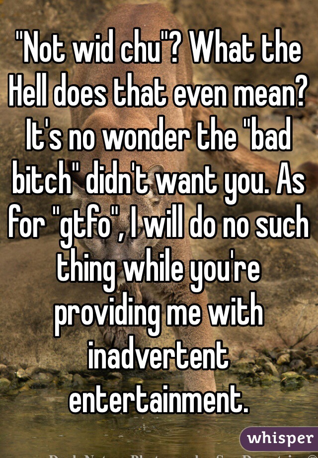 "Not wid chu"? What the Hell does that even mean? It's no wonder the "bad bitch" didn't want you. As for "gtfo", I will do no such thing while you're providing me with inadvertent entertainment.
