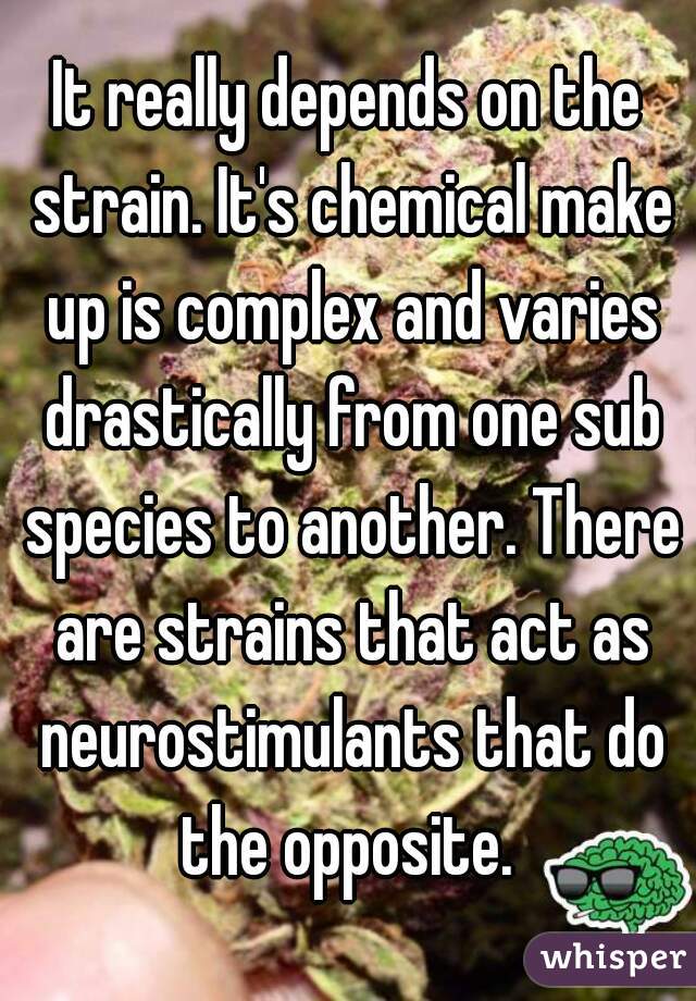It really depends on the strain. It's chemical make up is complex and varies drastically from one sub species to another. There are strains that act as neurostimulants that do the opposite. 