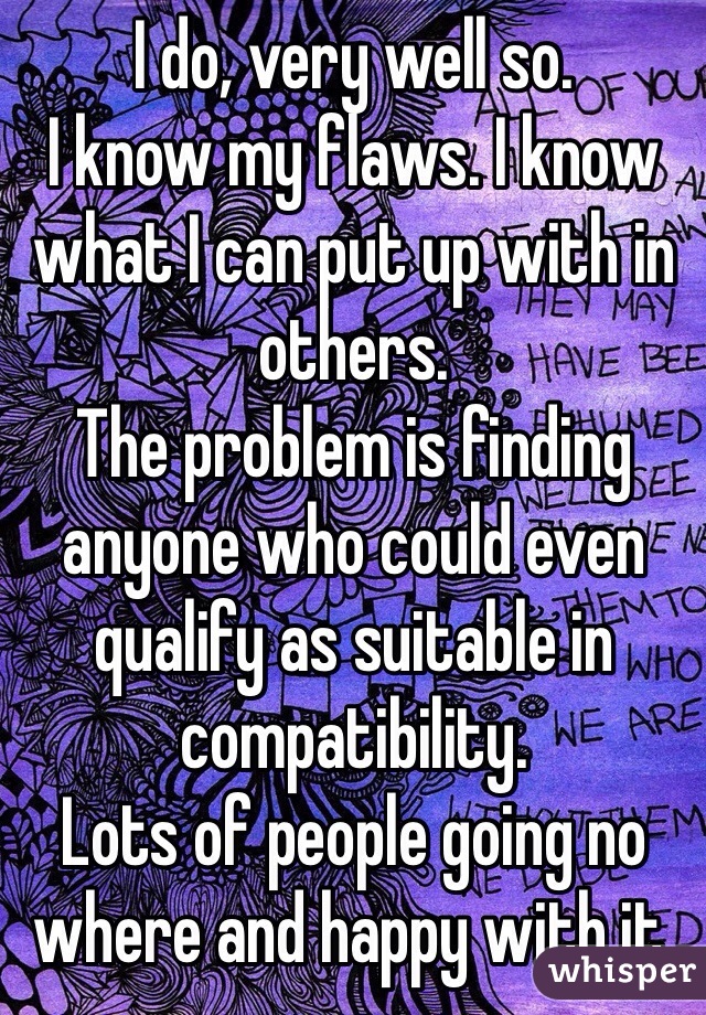 I do, very well so.
I know my flaws. I know what I can put up with in others.
The problem is finding anyone who could even qualify as suitable in compatibility. 
Lots of people going no where and happy with it.