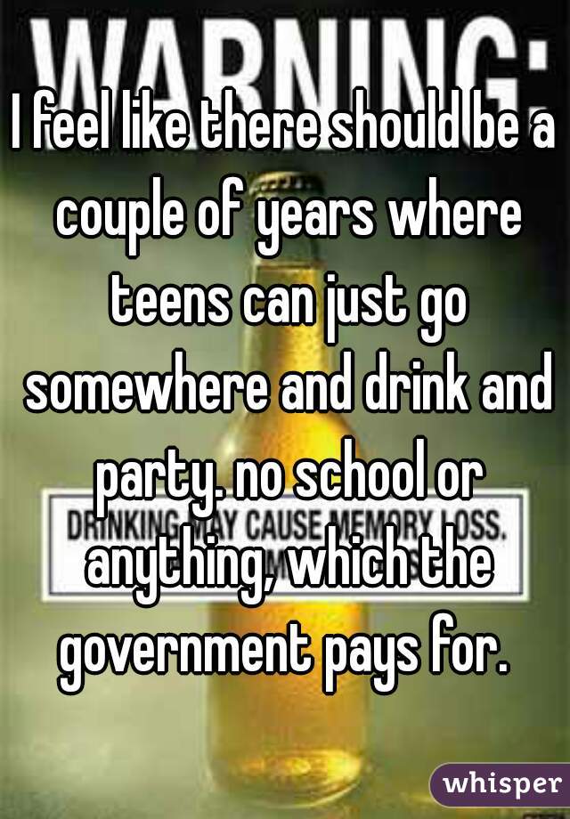 I feel like there should be a couple of years where teens can just go somewhere and drink and party. no school or anything, which the government pays for. 