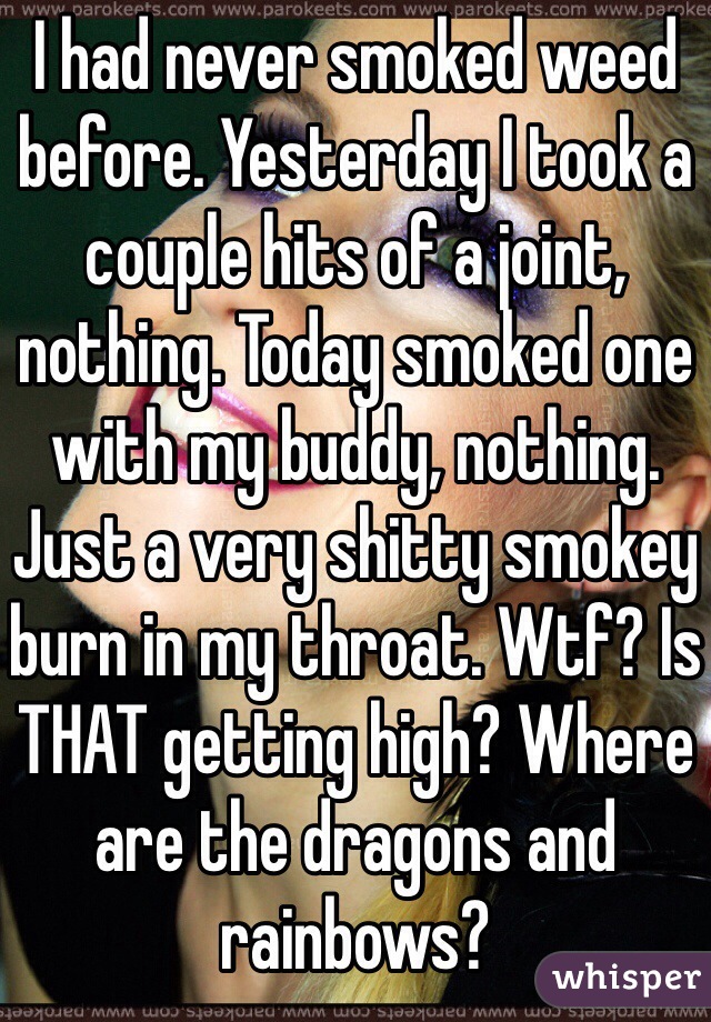 I had never smoked weed before. Yesterday I took a couple hits of a joint, nothing. Today smoked one with my buddy, nothing. Just a very shitty smokey burn in my throat. Wtf? Is THAT getting high? Where are the dragons and rainbows?