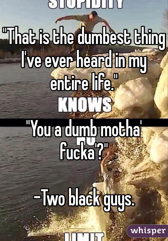 "That is the dumbest thing I've ever heard in my entire life."

"You a dumb motha' fucka'?"

-Two black guys. 