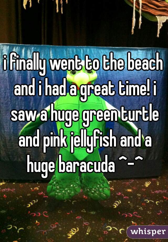 i finally went to the beach and i had a great time! i saw a huge green turtle and pink jellyfish and a huge baracuda ^-^