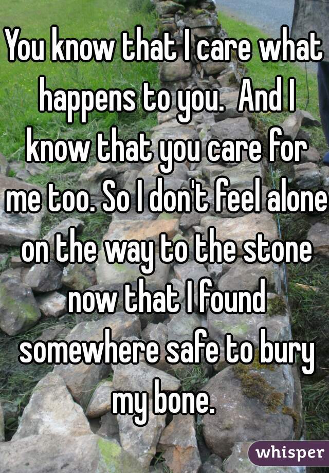 You know that I care what happens to you.  And I know that you care for me too. So I don't feel alone on the way to the stone now that I found somewhere safe to bury my bone. 